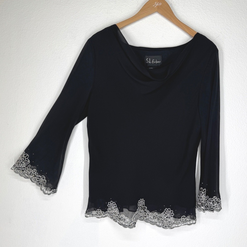 Vintage Black Evening Cowl Neck Embroidered Beaded Bell Sleeve Top Chiffon Sheer
